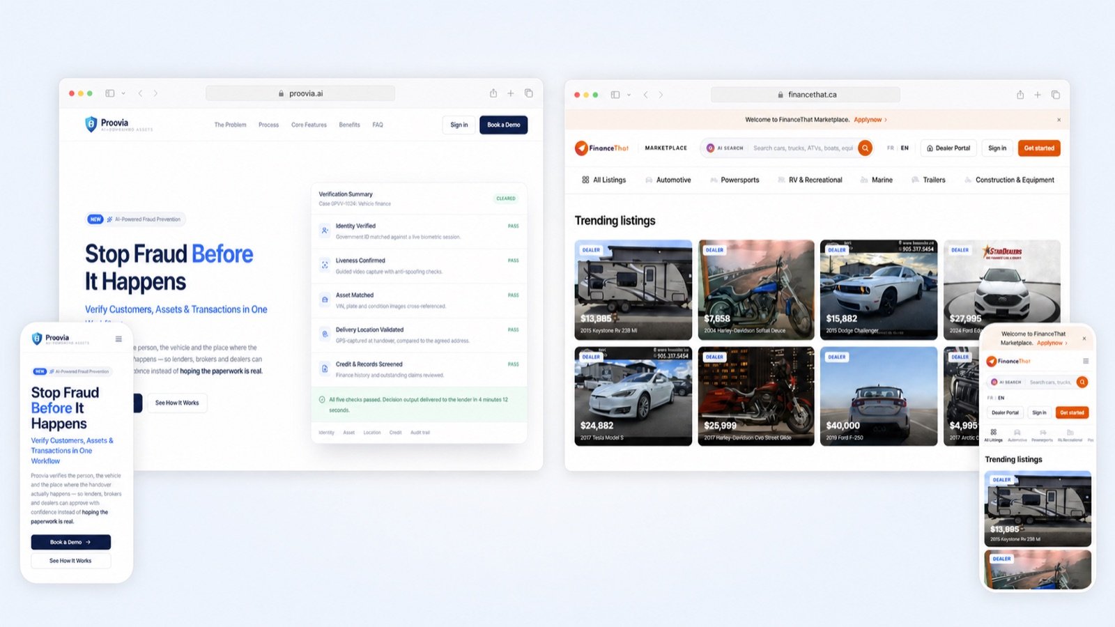 Desktop and mobile views of the Proovia.ai and FinanceThat.ca websites built by Daptly