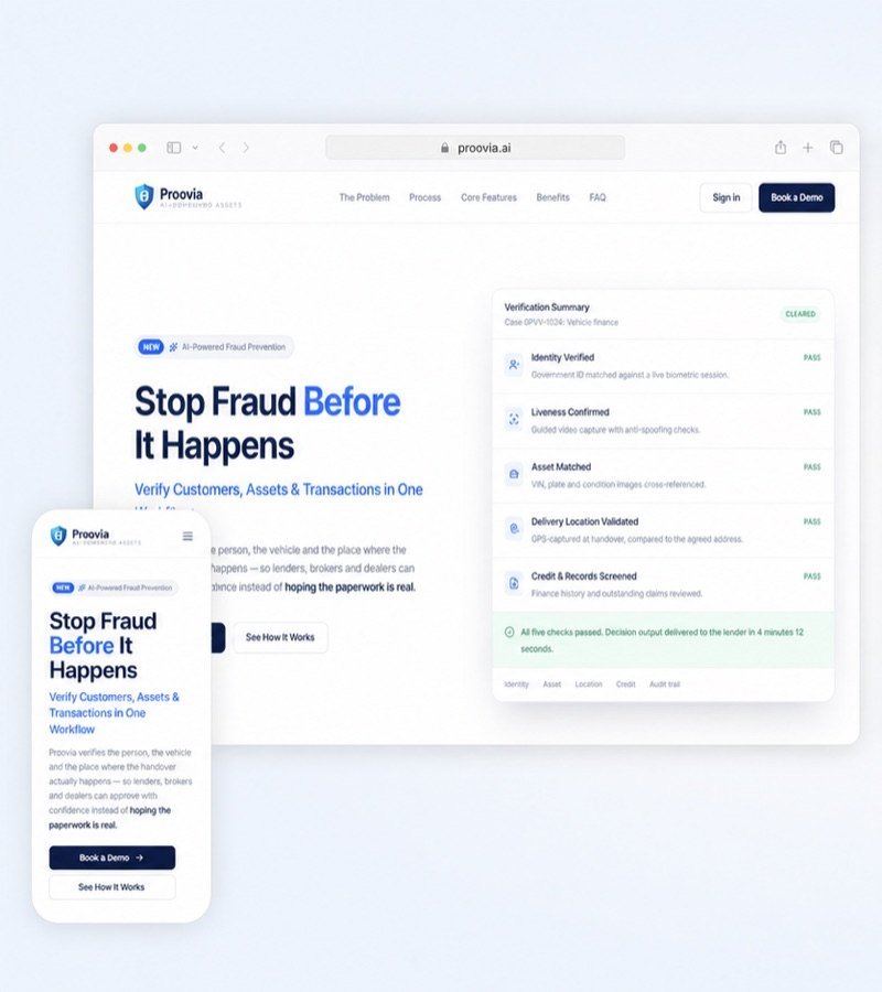 Proovia.ai desktop and mobile website interface built by Daptly